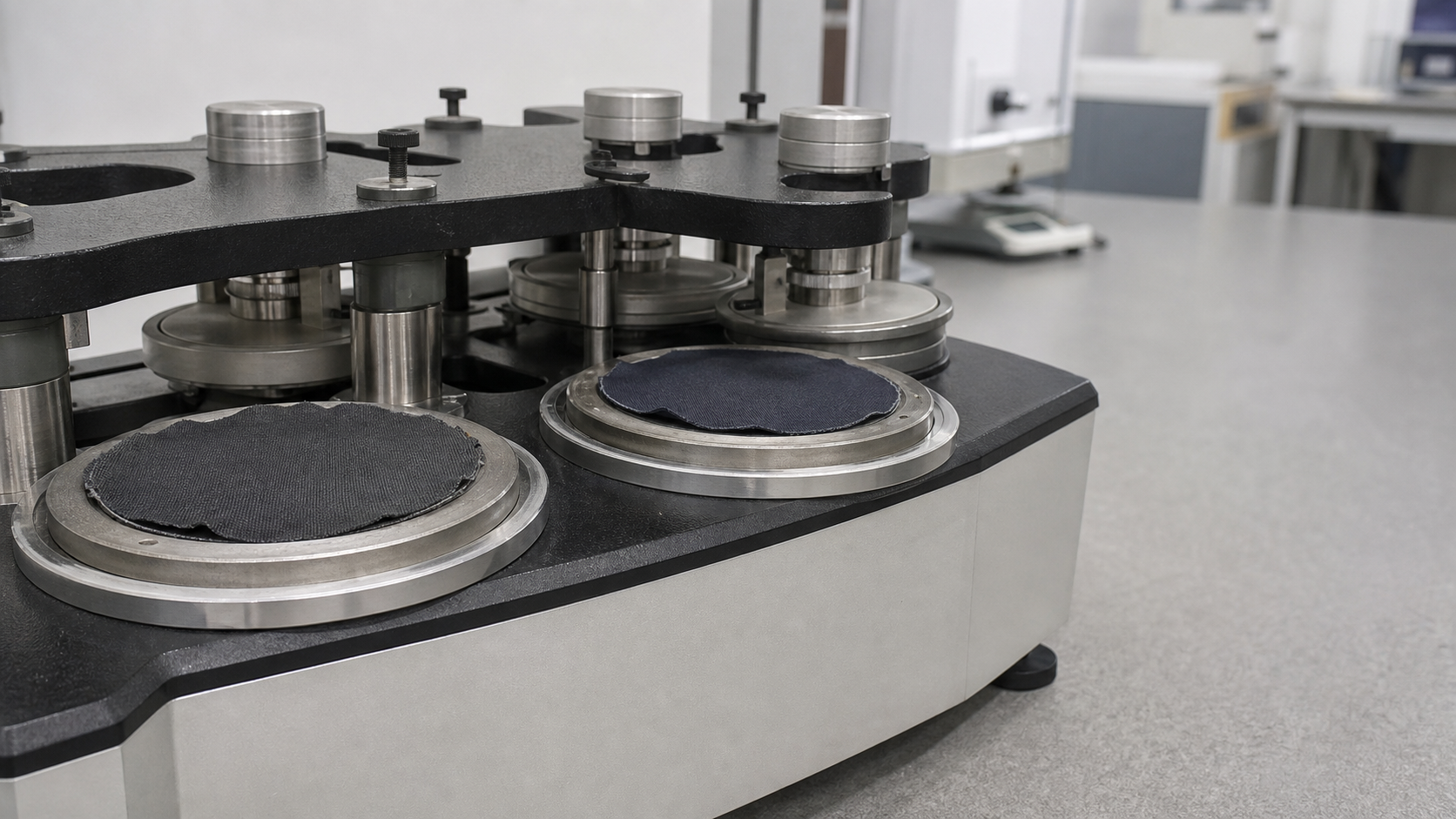 Martindale abrasion testing machine evaluating woven technical fabric durability