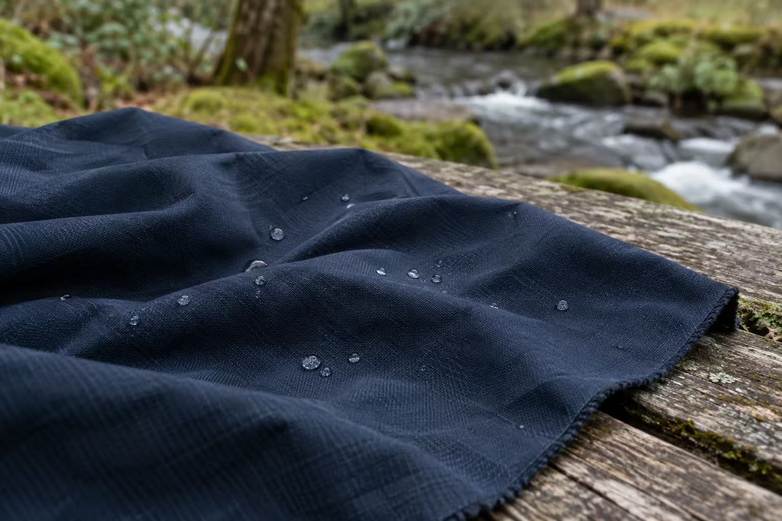 Water droplets on outdoor fabric illustrating fluorine-free water-repellent finishing