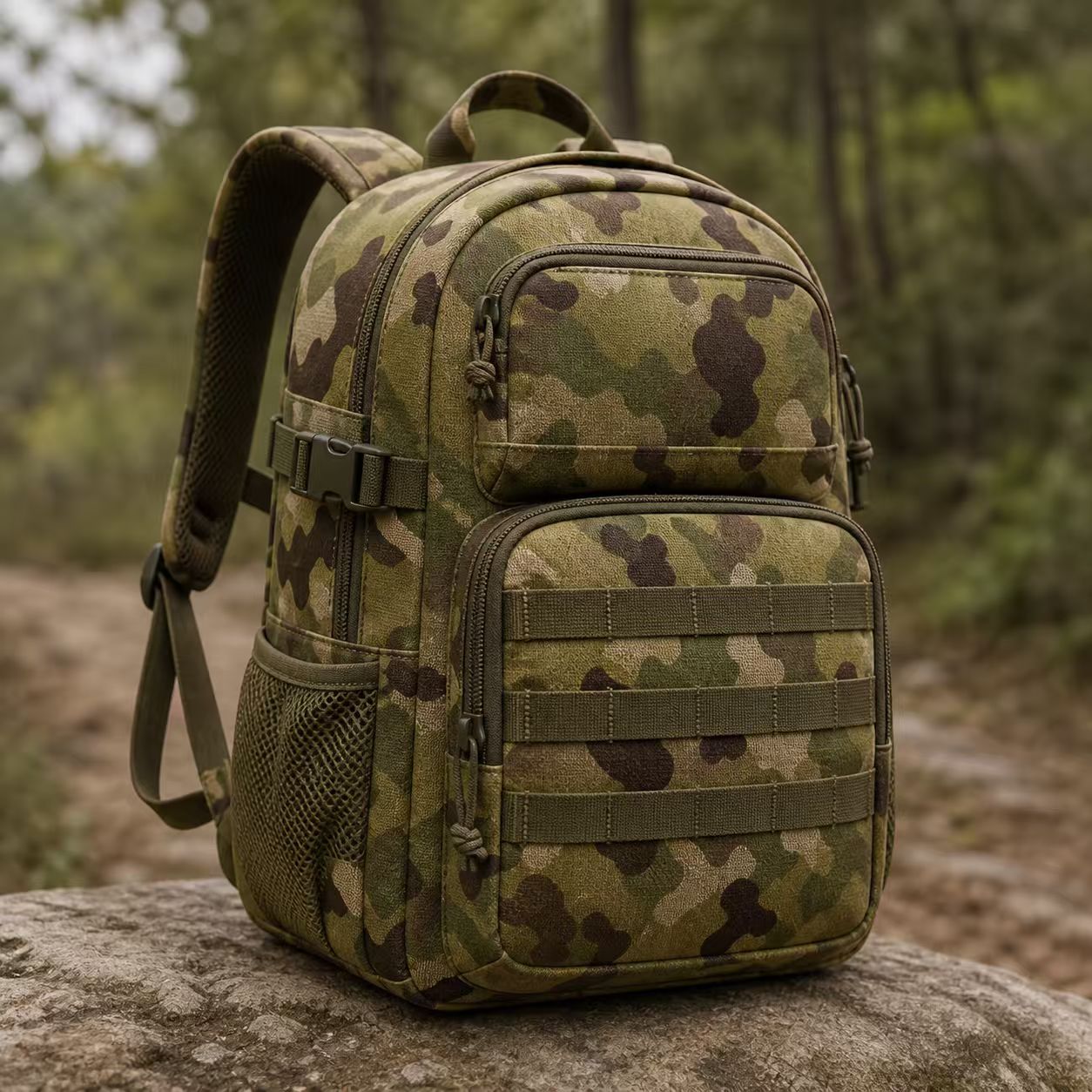 Tactical backpack made from 600D FR camouflage polyester Oxford fabric