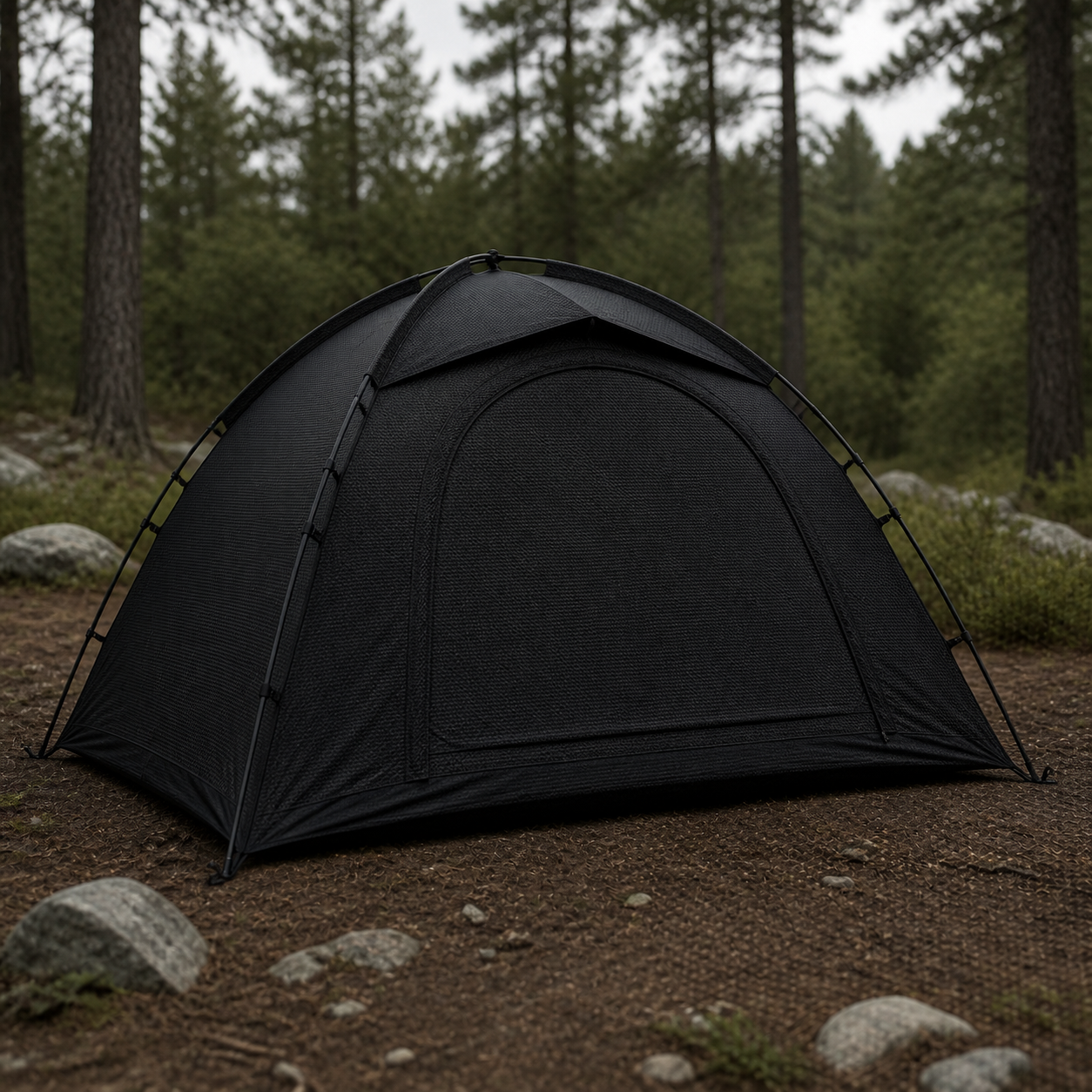 Black camping tent made from heavy-duty 900D polyester Oxford fabric